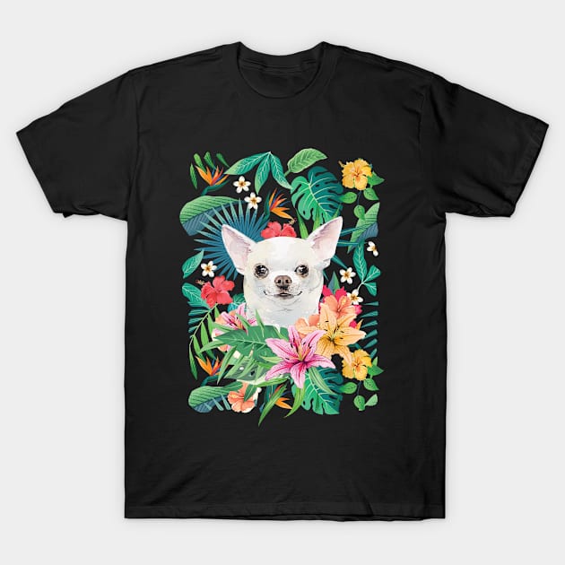 Tropical Short Haired White Chihuahua 4 T-Shirt by LulululuPainting